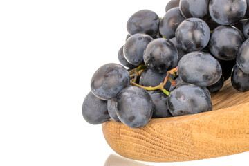 One sprig of sweet black grapes on a wooden plate, macro, isolated on white background.