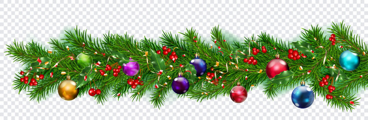 Fototapeta na wymiar Christmas decoration made of New Year pine branches, colored balls, pieces of serpentine, holly leaves and red berries, isolated on transparent background