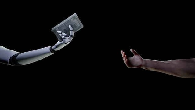 A 3D animation of Robot hand giving money to human. Depicting robot tax and sharing profit from automation increasing business productivity.