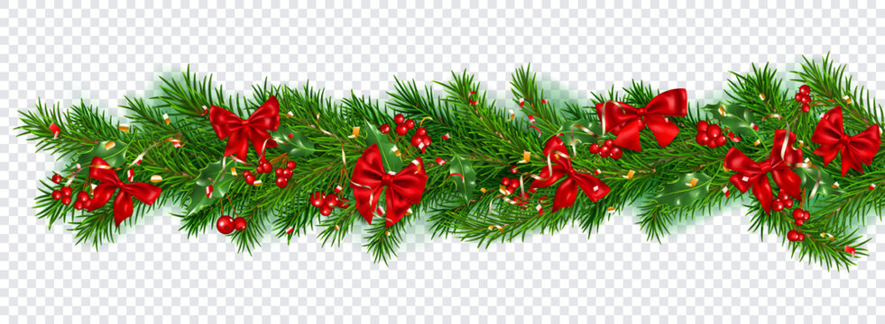 Christmas decoration made of New Year pine branches, colored bows, pieces of serpentine, holly leaves and red berries, isolated on transparent background