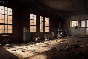 Abandoned Garage Factory warehouse 3D illustration wallpaper with copy space