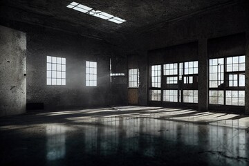 Abandoned Garage Factory warehouse 3D illustration wallpaper with copy space