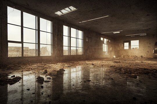 Abandoned Garage Factory Warehouse 3D Illustration Wallpaper With Copy Space