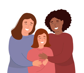 A happy family of two women and a child. A couple of lesbians with their daughter. Vector graphics.