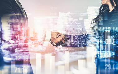 Business handshake on finance prosperity and money technology asset background . Economy and...