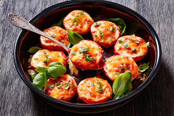 Baked Tomatoes with Mozzarella, Cheddar, Parmesan