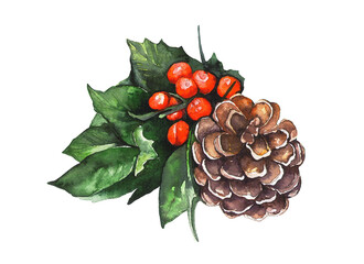 Christmas composition of pine cones and holly leaves. Watercolor painting. - 538404930