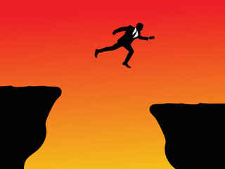 business man jumping over a cliff concept