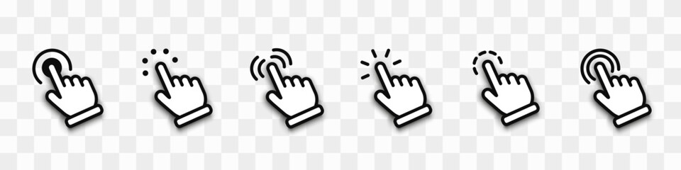 Computer mouse cursor icon set. Hand click icon. Set of hand clicks with shadow on transparent background. Cursor click, pointing hand click icons. Touch or click icon stock vector design. Vector - obrazy, fototapety, plakaty