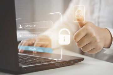 Businessmen login to computers by scanning fingerprints to encrypt their virtual personal protection passwords. Concept of network security technology, encrypted online document database. 