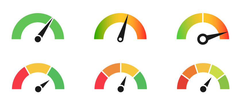 Dashboard colorful speedometer icons set. Vector scale, level of performance. Abstract graphic element concept of tachometer, speedometer, indicators, score. Customer satisfaction scores.