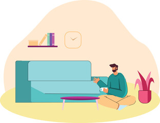 illustration of a man sitting on a sofa and reading a book