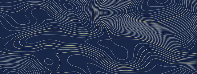 Fototapeta na wymiar Navy blue and white wavy abstract topographic map contour, lines Pattern background. Topographic map and landscape terrain texture grid. Wavy banner and color geometric form. Vector illustration.