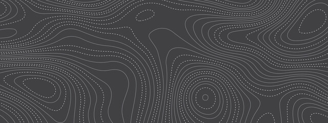 Black and white wavy abstract topographic map contour, lines Pattern background. Topographic map and landscape terrain texture grid. Wavy banner and color geometric form. Vector illustration.