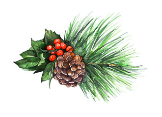 Christmas composition of pine cones and holly leaves. Watercolor painting.  Christmas tree. - 538407129