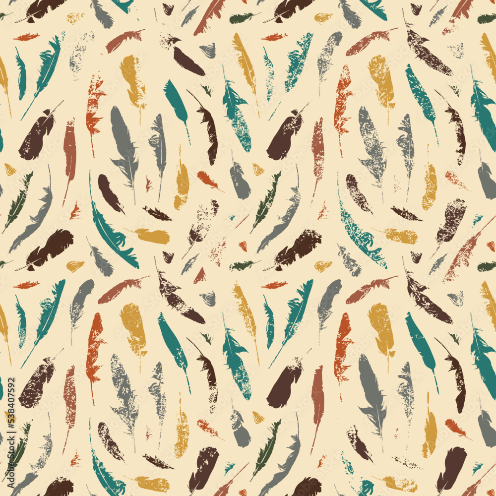 Wall mural grunge seamless pattern with colored disheveled feathers on a beige backdrop. vector repeating backg