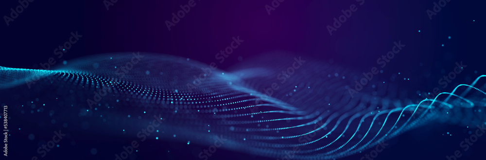 Poster abstract sound wave web banner. artificial intelligence expressed by moving particles. 3d rendering.