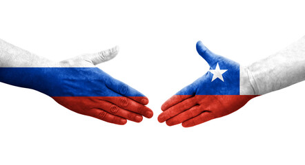 Handshake between Chile and Russia flags painted on hands, isolated transparent image.