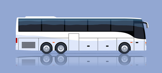 Intercity or tourist bus. Icon of travel autobus on blue background. Side view of white coach. Vector illustration
