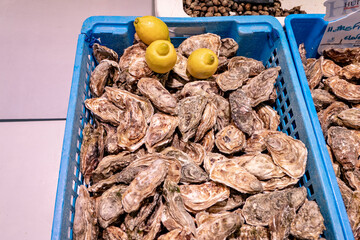 Oysters in a basket with lemon at the market