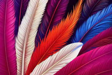 Colourful feathers background. Digital painting with texture and details of realistic feathers