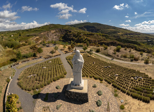 Giant statue of the Blessing Jesus Christ in Tarcal, Zemplen, Religious monument in Tokaj wine region, Hungary.