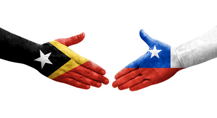 Handshake between Chile and Timor Leste flags painted on hands, isolated transparent image.