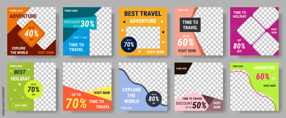 Poster travel poster or leaflet design template. social media post or flyer with photo and text space, adve