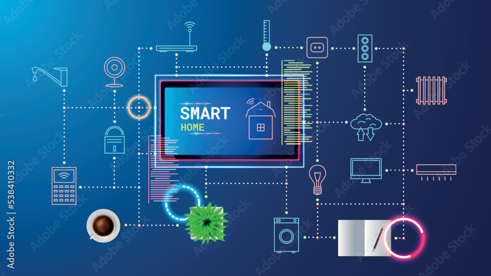 Fototapete Smart home technology. Digital tablet IOT software. Network application. House computer. Apartment systems automation control. Management elements connection. Vector illustration concept
