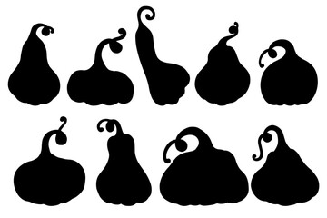 Set of silhouettes of various pumpkins, zucchini.Vector graphics.