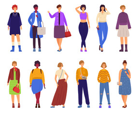 Strong women. Happy female and feminist characters. Girls group. Friendship or sisterhood. Nowaday friends. Standing young persons in fashion casual outfits. Vector cartoon flat set