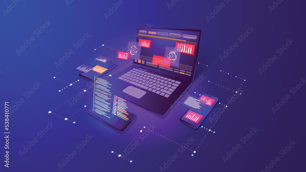 Fototapete Web software. Digital website application. Mobile technology tool platform. Computer program data. Devices connection. Business development. Laptop and smartphones. Vector concept banner