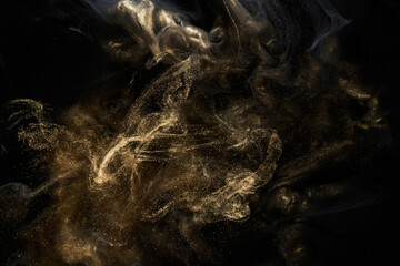 Golden sparkling abstract background, luxury black smoke, acrylic paint underwater explosion,...
