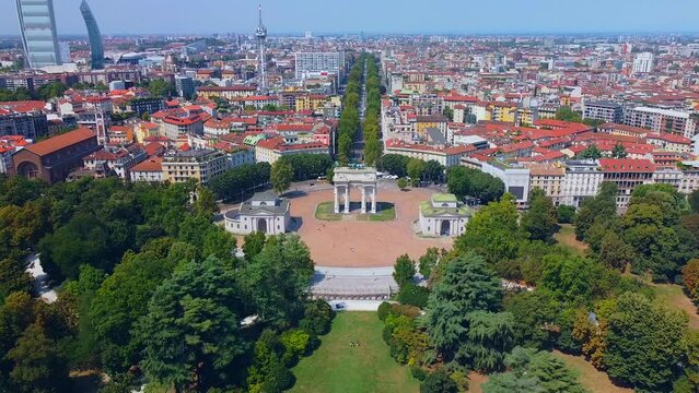 Gate Sempione Porta Sempione city gate to Lombardy in the fall. Arch of Peace. Arco della pace. sunny evening in milan city park aerial panorama 4k italy milano city triumphal arch. Sculptures