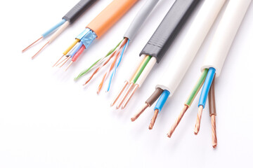 Electric cables, many copper wires with colored isolation isolated on white background