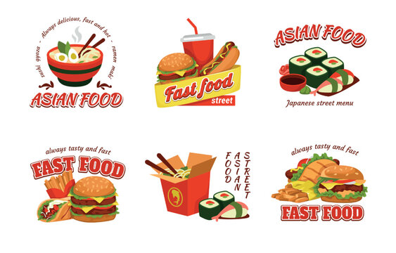 Cook logo, asian wok, sandwich and hamburger, hot dog with sausage, fast food logotype design. Pan chinese restaurant, pepper noodle, hand drawn fire background, hot plate. Vector emblems