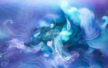 Blue multicolored smoke abstract background, acrylic paint underwater explosion