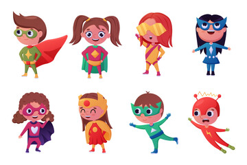 Super hero kids. Magic children. Girls and boys play in superheroes. Heroic comic characters set. Colorful costumes and masks. Fantastic justice fighters. Vector cartoon recent illustration