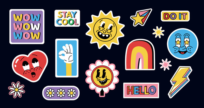 Abstract cool doodle stickers, retro style badge. Trendy sun and heart face patch, rainbow and flower with positive emotions, modern text phrases, funny sign. Vector cartoon illustration
