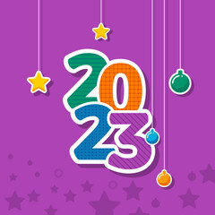 Happy New Year 2023. Creative concept design template with colorful 2023 logo for year end celebration and decoration. Holiday, card, banner, cover,purple.