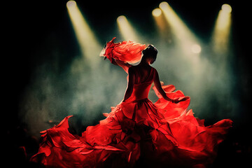 A carmen dancer with a large red dress illuminated by stage lighting. Elegant female dancer in a solo hispanic performance. Cinematic and theatrical scene of dancing art. generative ai - obrazy, fototapety, plakaty