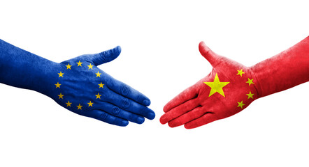 Handshake between China and European Union flags painted on hands, isolated transparent image.