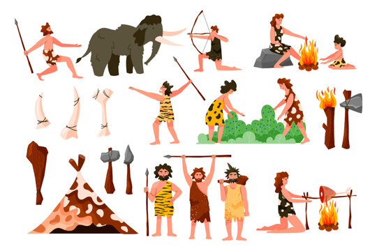 Primitive caveman. Stone age. Animal hunters. Neolithic cave people tools. Primeval children. Women cooking on fire. Men hunting mammoths. Bone weapon. Vector cartoon Paleolithic set