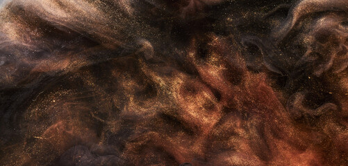 Multi colored sparkling abstract background, luxury dark gold smoke, acrylic paint underwater explosion, cosmic swirling ink