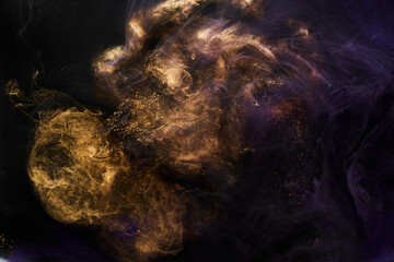 Multi colored sparkling abstract background, luxury dark gold smoke, acrylic paint underwater explosion, cosmic swirling ink