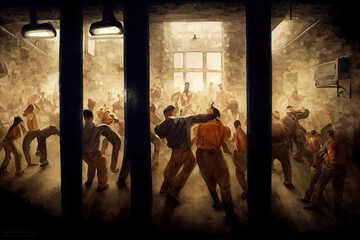 Digital concept art featuring a felon riot inside of prison. Group of inmates rioting by fighting and brawling in jail. Interior of prison hall with criminals, felons and prisoners in a brawl.