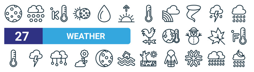 Fototapeta na wymiar set of 27 outline web weather icons such as full moon, snow fall, kelvin, rainbow, warming, storm, drought, rainy night vector thin line icons for web design, mobile app.