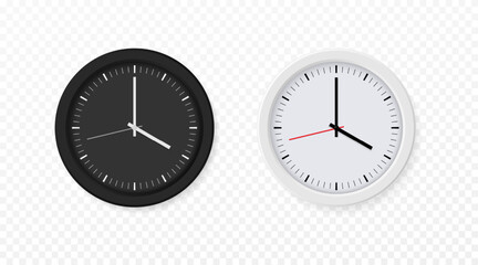 Wall clock, realistic black and white watch. Round hour clockface, quartz clockwise, light schedule, minutes hours and seconds arrow. Time measurement instrument vector isolated element