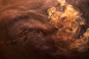 Orange sparkling abstract background, luxury smoke, acrylic paint underwater explosion, cosmic swirling ink, golden ocher autumn © amixstudio