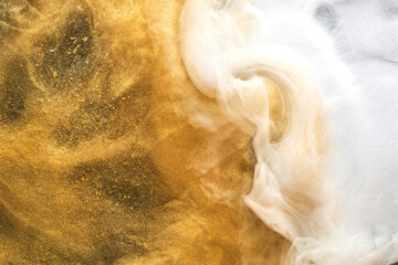 Golden sparkling abstract background, luxury white smoke, acrylic paint underwater explosion, cosmic swirling ink © amixstudio